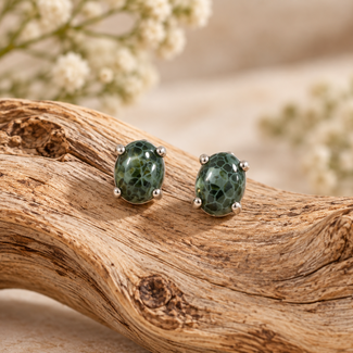 Chlorastrolite (Isle Royale Michigan Greenstone) Earrings - Oval Prong Claw Set - Sterling Silver