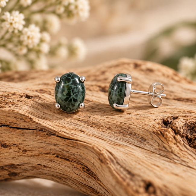 Chlorastrolite (Isle Royale Michigan Greenstone) Earrings - Oval Prong Claw Set - Sterling Silver