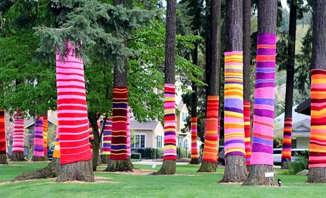 Yarn covered tree trunks