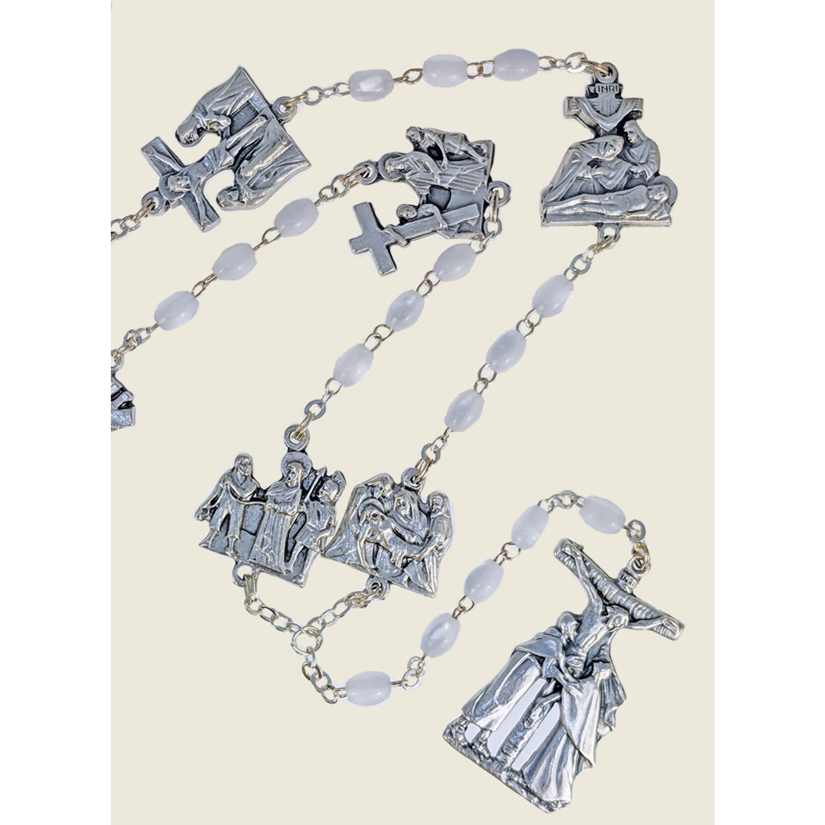 White Glass Bead Stations Of The Cross Rosary