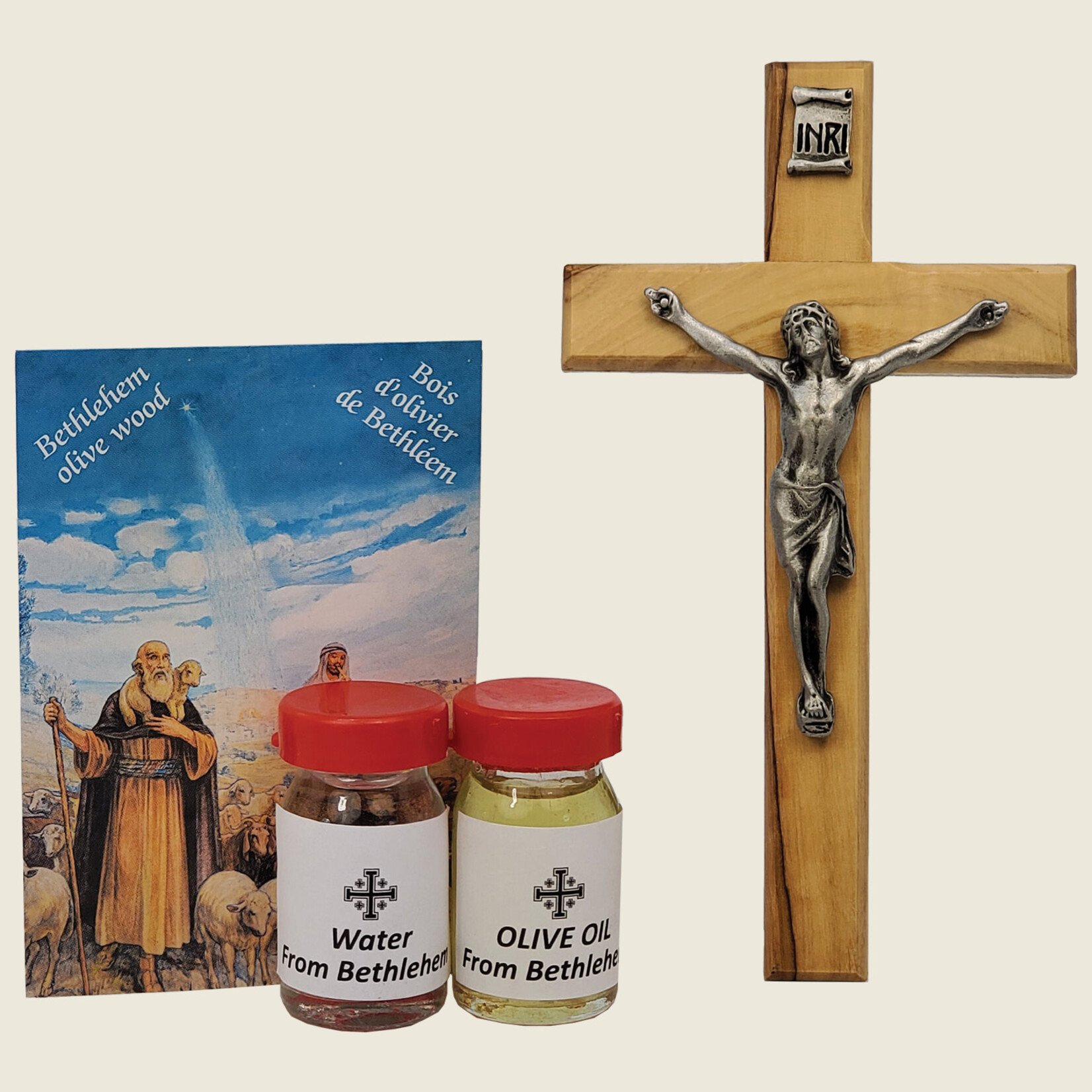 Olivewood Crucifix with Water & Oil