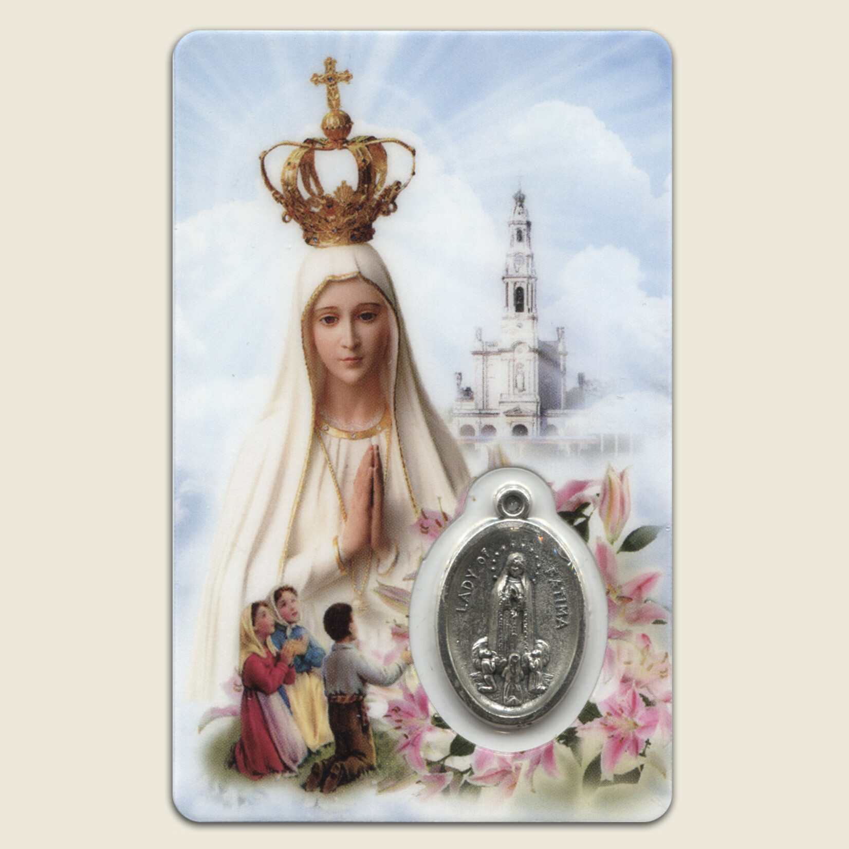 Spanish Fatima Prayer Card with Medal