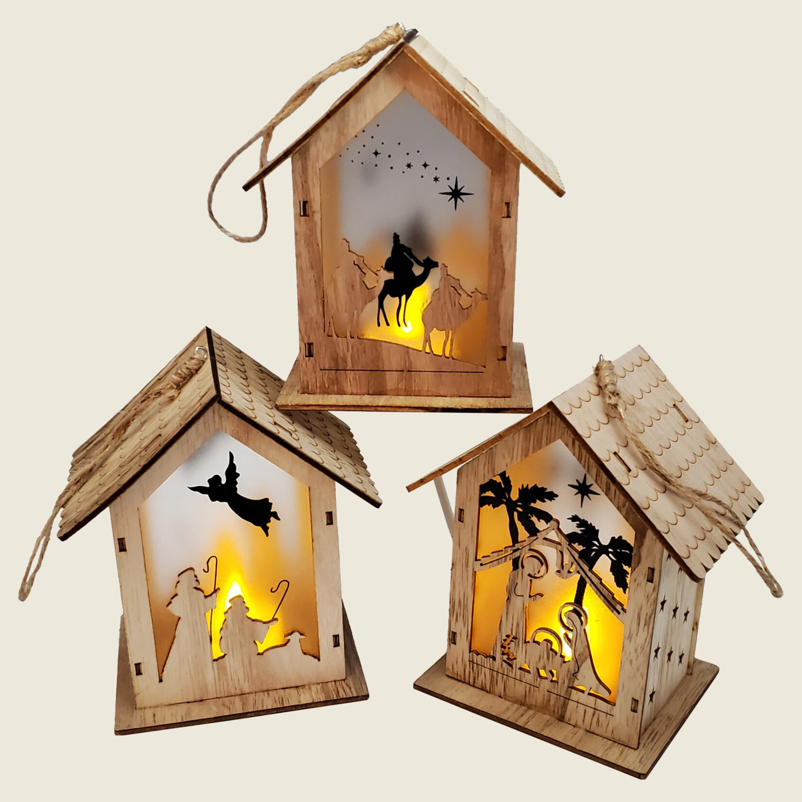 RLN076 - Nativity House Ornaments with Flicker Lights (Set of 3 )