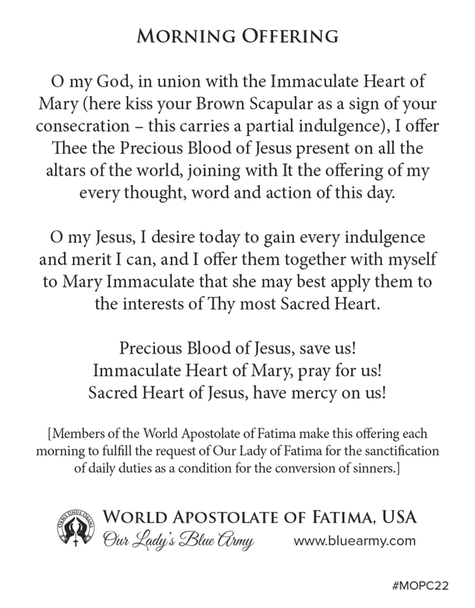 MOPC22 Morning Offering Prayer Card Fatima Gift Shop MOPC22 Morning Offering Prayer Card Fatima Gift Shop