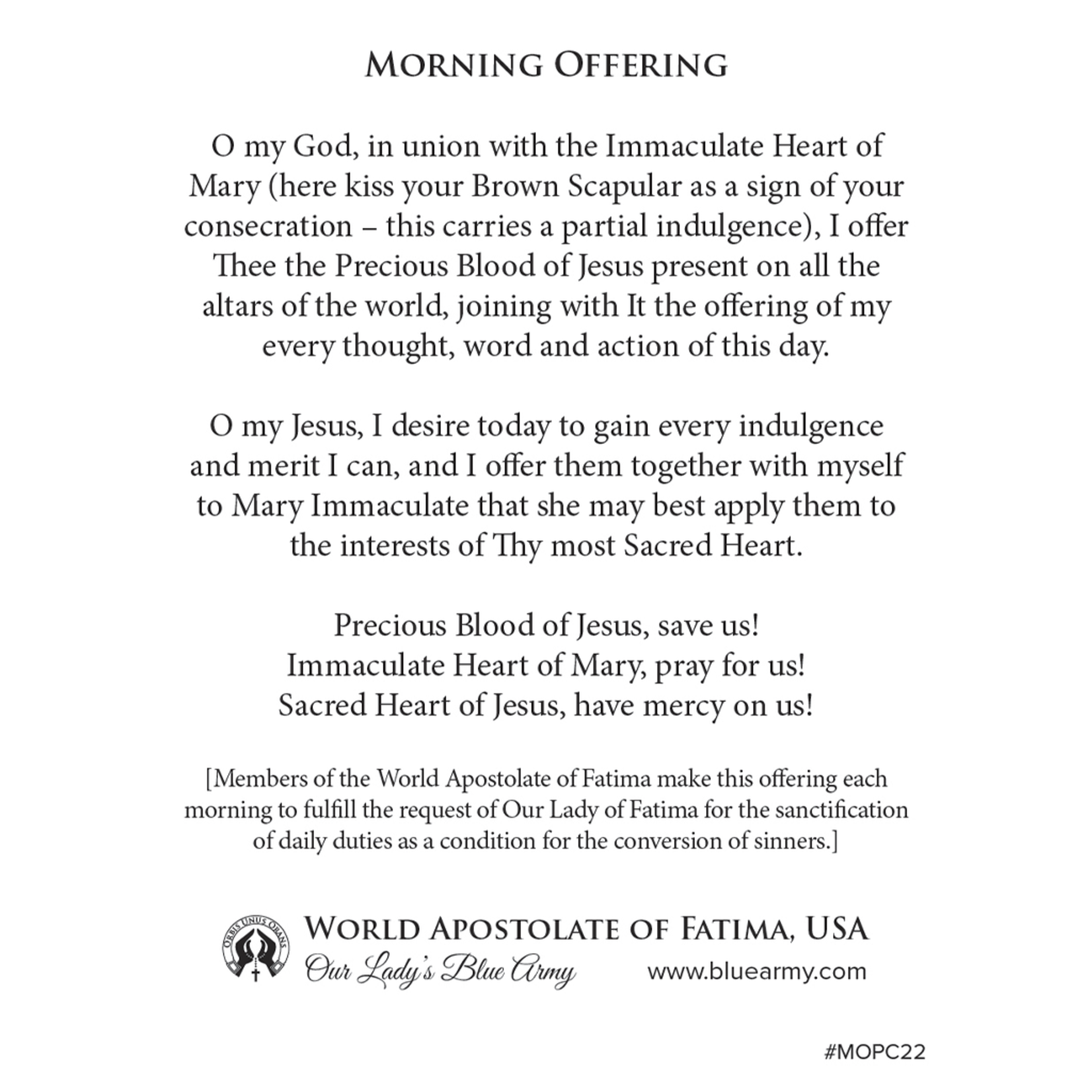 Morning Offering Prayer Card