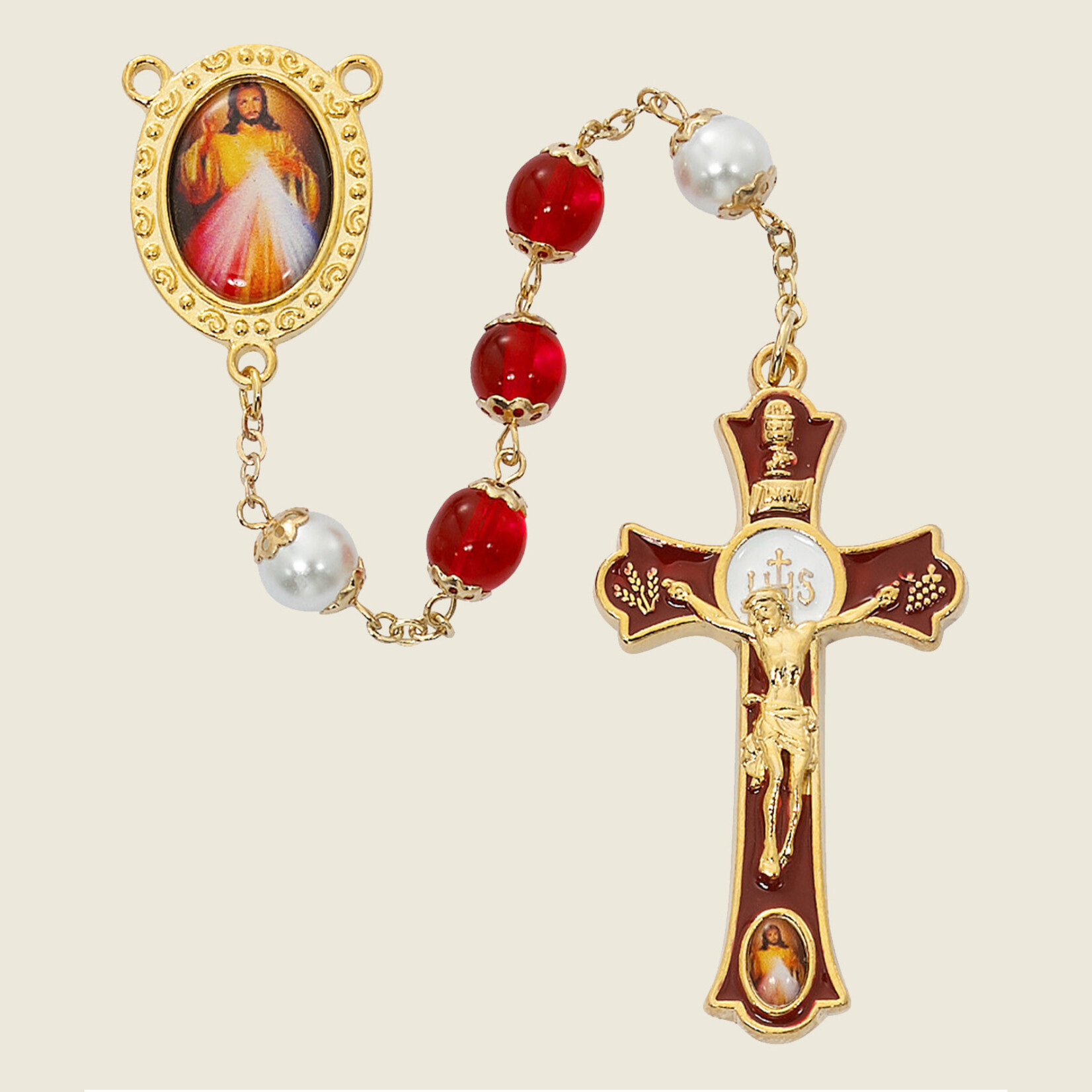 Divine Mercy Red Glass And Pearl Rosary