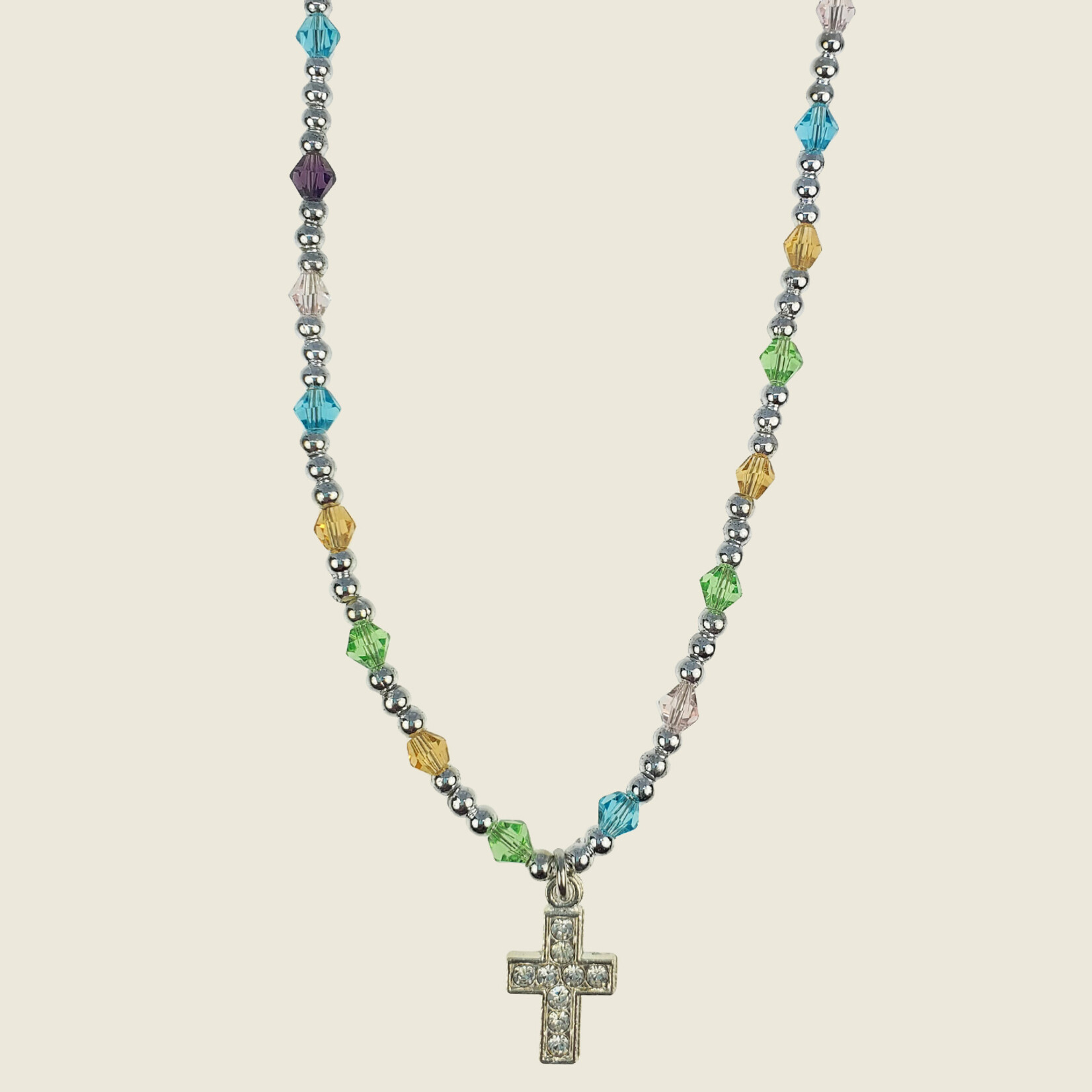 Multi Color Crystal Bead Necklace With Cross