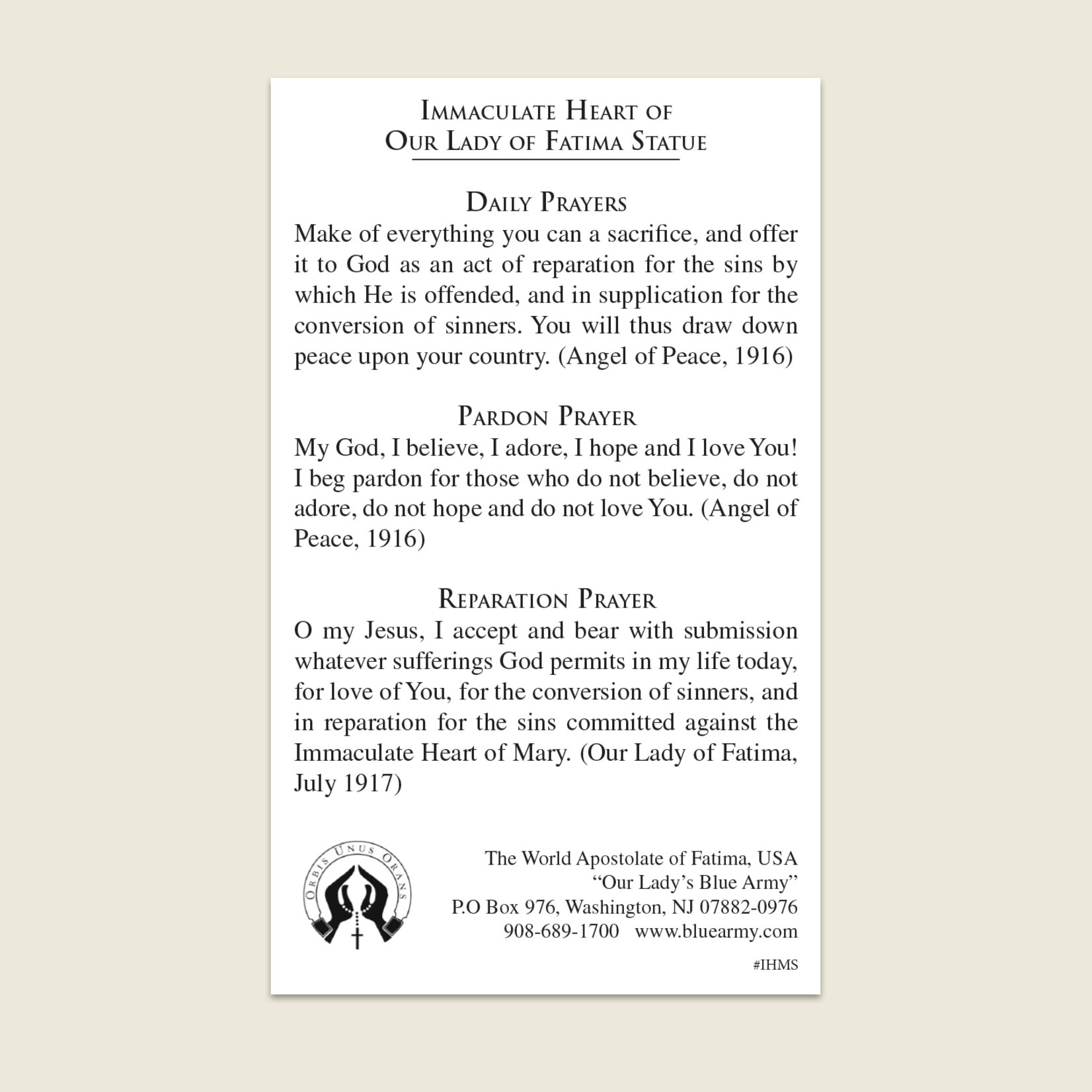 Immaculate Heart Of Mary Prayer Card