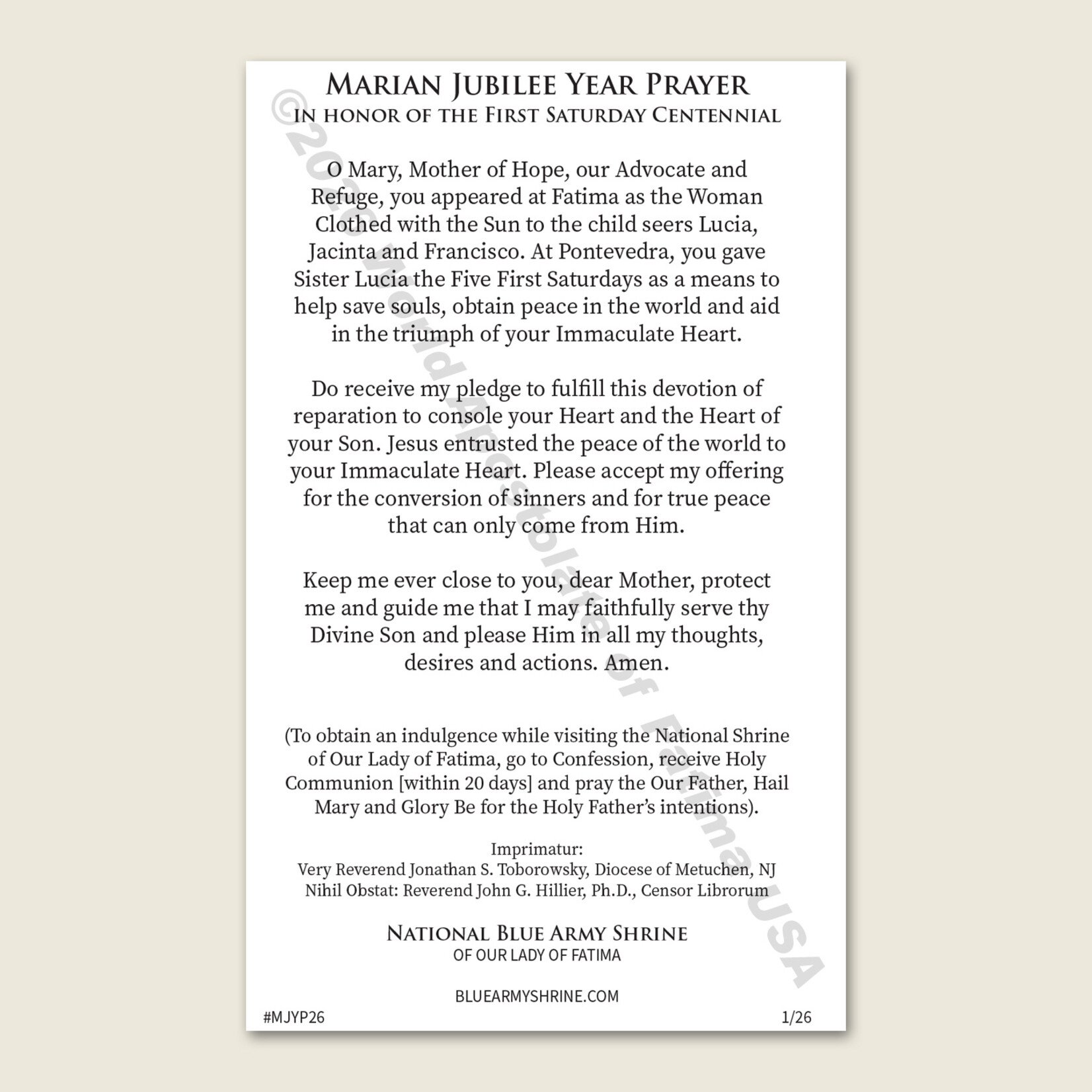 Marian Jubilee Year Prayer Card