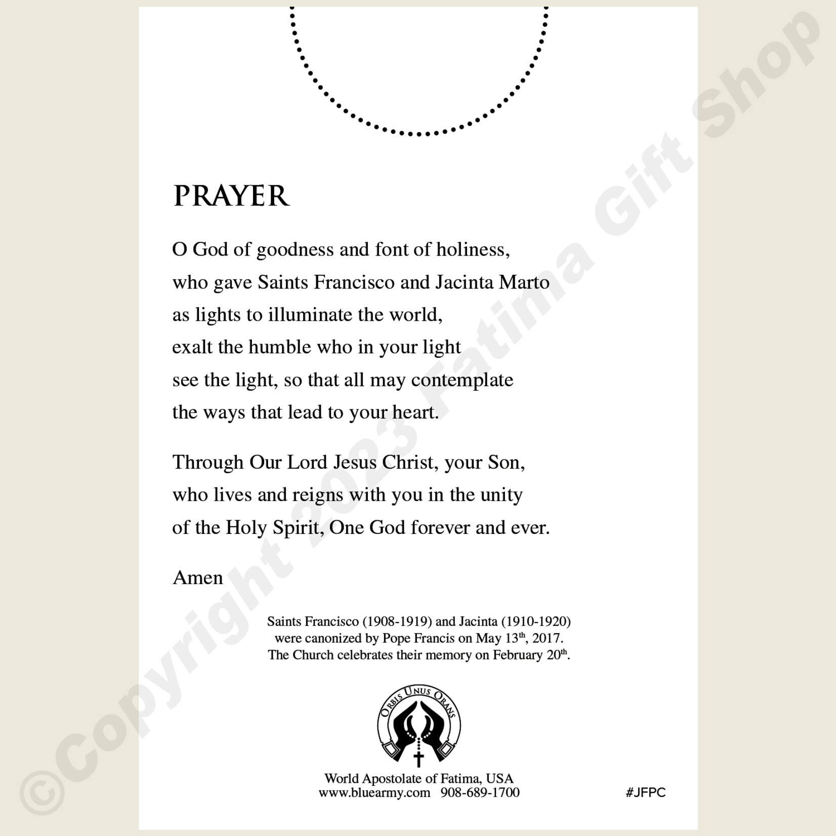Sts. Jacinta & Francisco Prayer Card