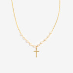 NK560G - Cream Pearl Beads and Gold Cross on Chain