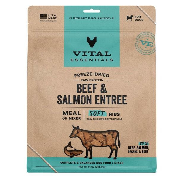 Vital Essentials FD Raw Beef & Salmon Entree&Mixer Soft Nibs 14OZ