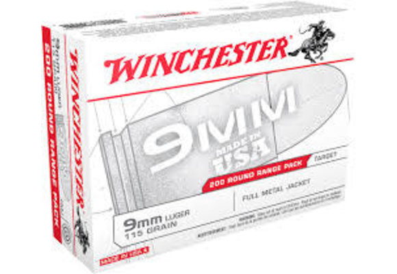 Winchester USA9W 9mm 200 Round box Brass, FMJ