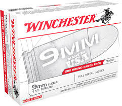 Winchester USA9W 9mm 200 Round box Brass, FMJ