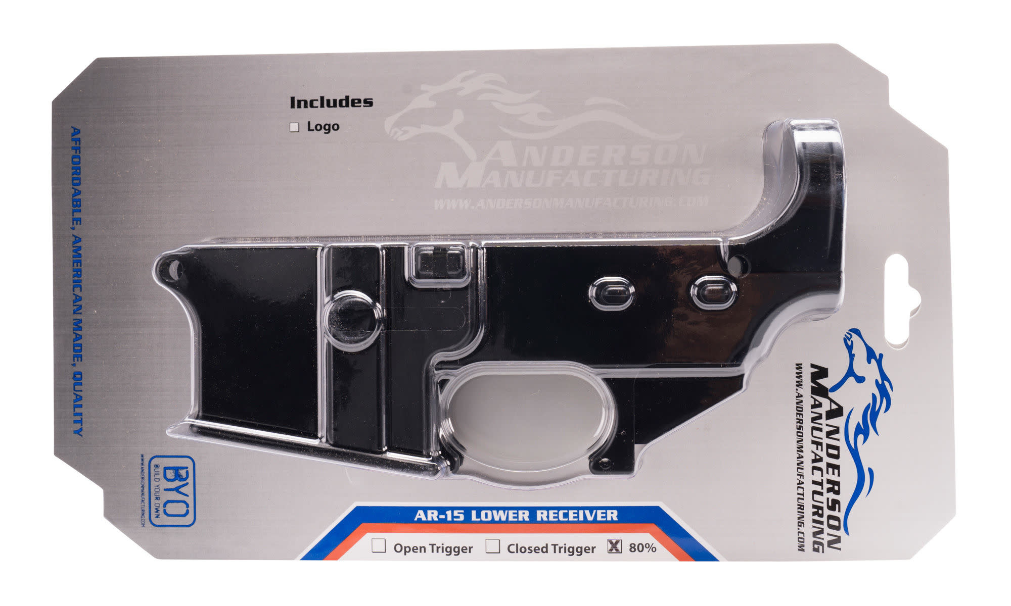 PACKAGED 80% LOWER RECEIVER, AM-15, OPEN TRIGGER, ANODIZED BLACK