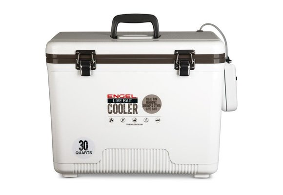 Engel 30 Quart Live Bait Drybox/Coolers with 2 Speed Aerator Pump and Net - White