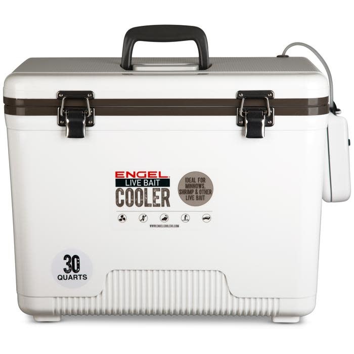 Engel 30 Quart Live Bait Drybox/Coolers with 2 Speed Aerator Pump and Net - White
