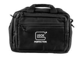GLOCK Double Pistol Case  Dual padded compartments provide protection for 2 handguns 5 internal magazine holders Convenient carry handle 3 zippered compartments Center compartment holds ammo and range tools Dimensions: 12.5″x9.5″x4.5″