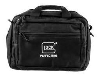 GLOCK Double Pistol Case  Dual padded compartments provide protection for 2 handguns 5 internal magazine holders Convenient carry handle 3 zippered compartments Center compartment holds ammo and range tools Dimensions: 12.5″x9.5″x4.5″