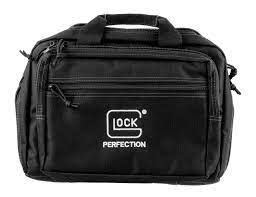 GLOCK Double Pistol Case  Dual padded compartments provide protection for 2 handguns 5 internal magazine holders Convenient carry handle 3 zippered compartments Center compartment holds ammo and range tools Dimensions: 12.5″x9.5″x4.5″