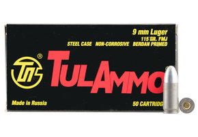 TulAmmo 9mm Pistol Ammunition, 50 Rounds, Steel Case FMJ, 115 Grains
