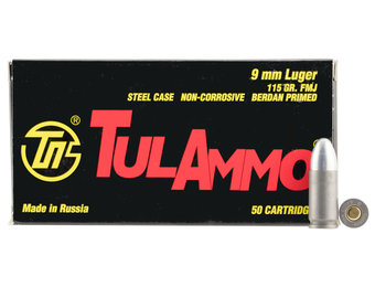 TulAmmo 9mm Pistol Ammunition, 50 Rounds, Steel Case FMJ, 115 Grains