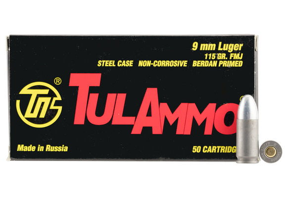 TulAmmo 9mm Pistol Ammunition, 50 Rounds, Steel Case FMJ, 115 Grains