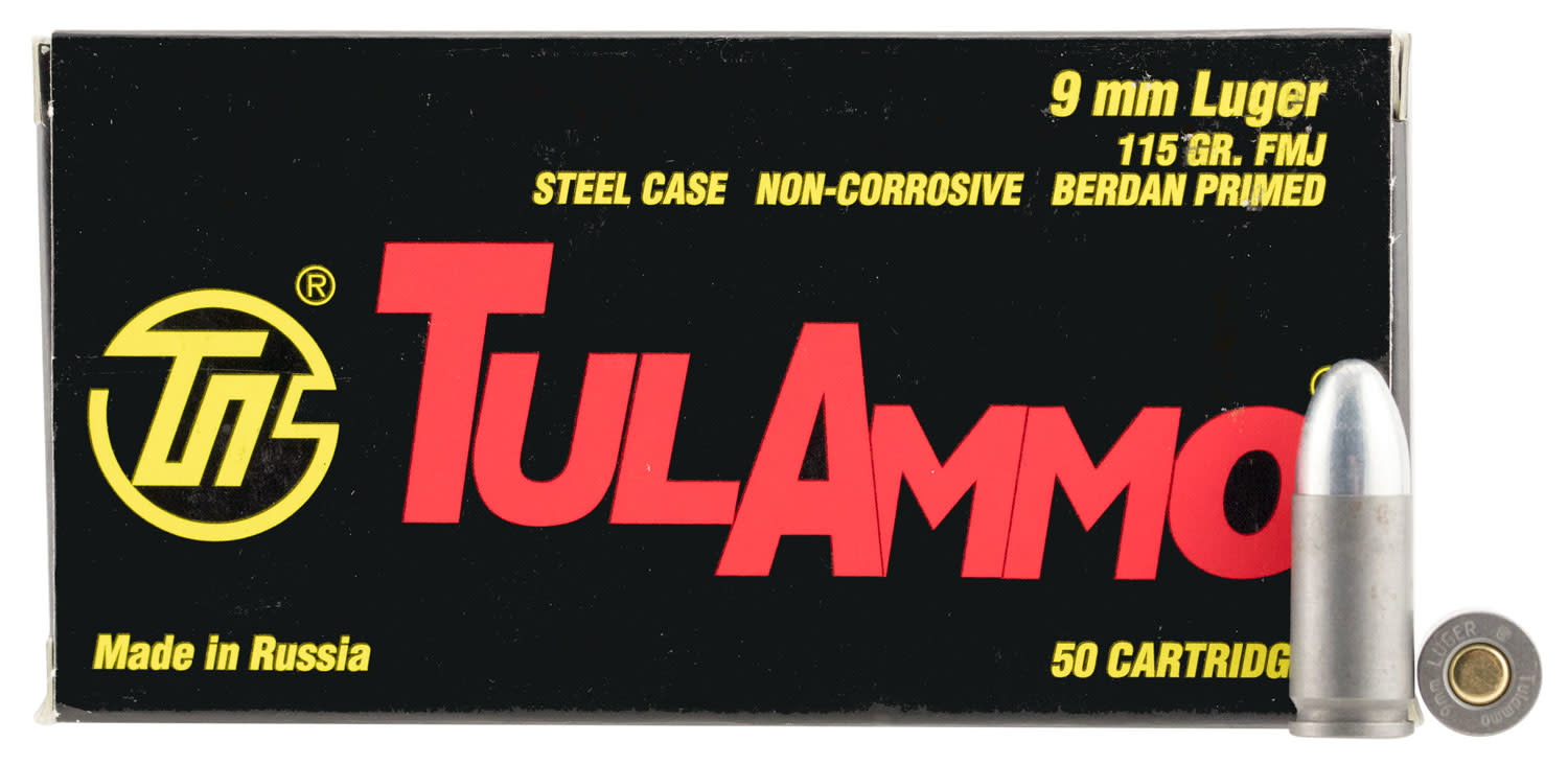 TulAmmo 9mm Pistol Ammunition, 50 Rounds, Steel Case FMJ, 115 Grains