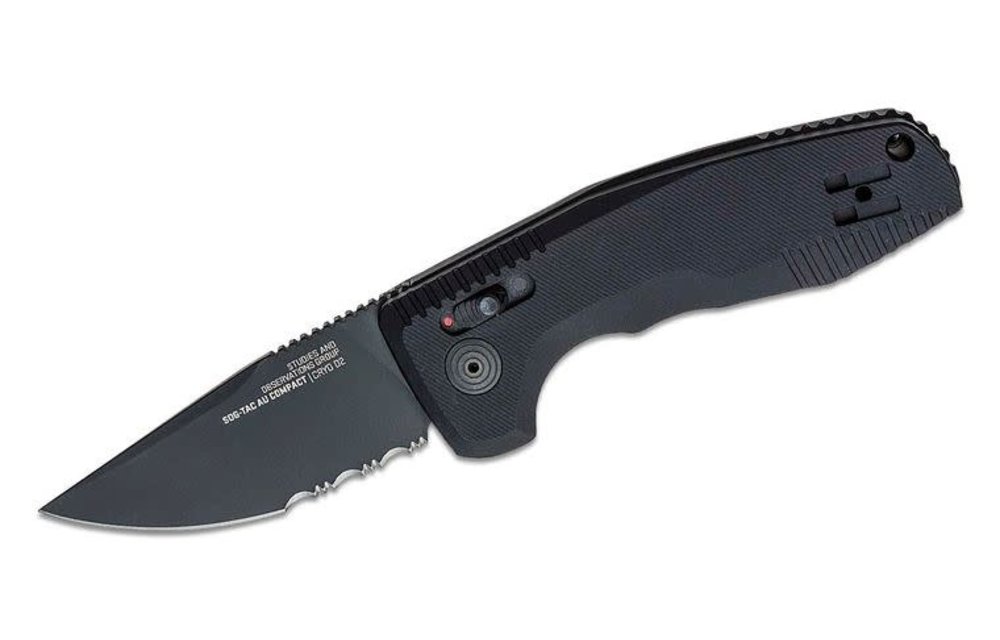 SOG-TAC AU Compact AUTO Folding Knife 2.94" D2 Black Drop Point Combo Blade, Black Aluminum Handles - XR Lock - 15-38-08-57