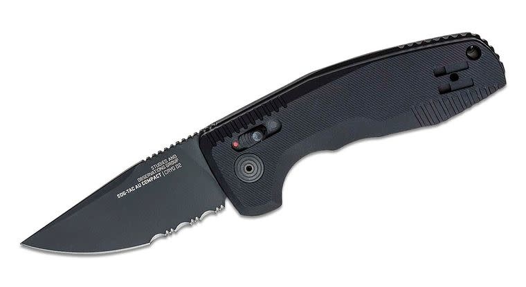 SOG-TAC AU Compact AUTO Folding Knife 2.94" D2 Black Drop Point Combo Blade, Black Aluminum Handles - XR Lock - 15-38-08-57