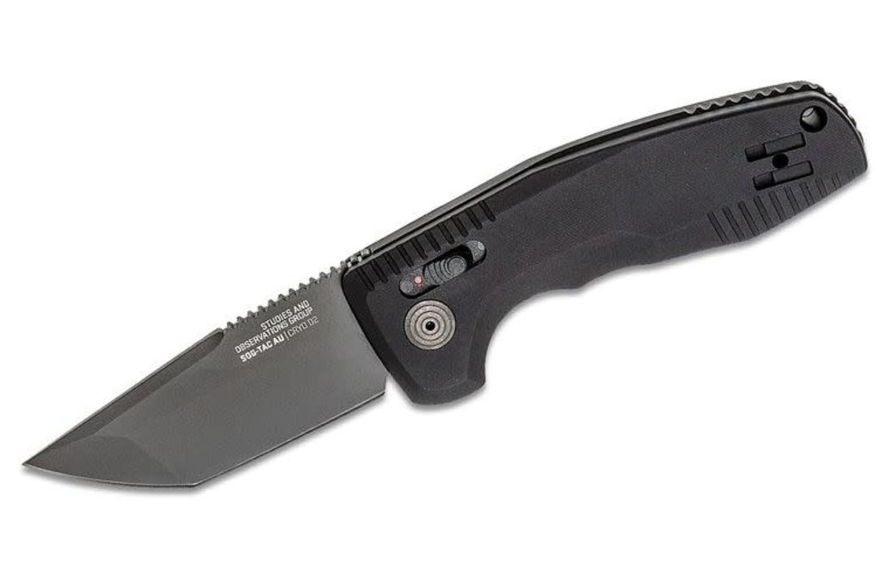 SOG-TAC AU AUTO Folding Knife 3.43" D2 Black Tanto Plain Blade, Black Aluminum Handles - XR Lock - 15-38-03-57