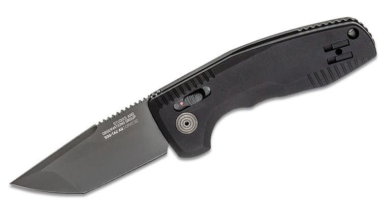 SOG-TAC AU AUTO Folding Knife 3.43" D2 Black Tanto Plain Blade, Black Aluminum Handles - XR Lock - 15-38-03-57