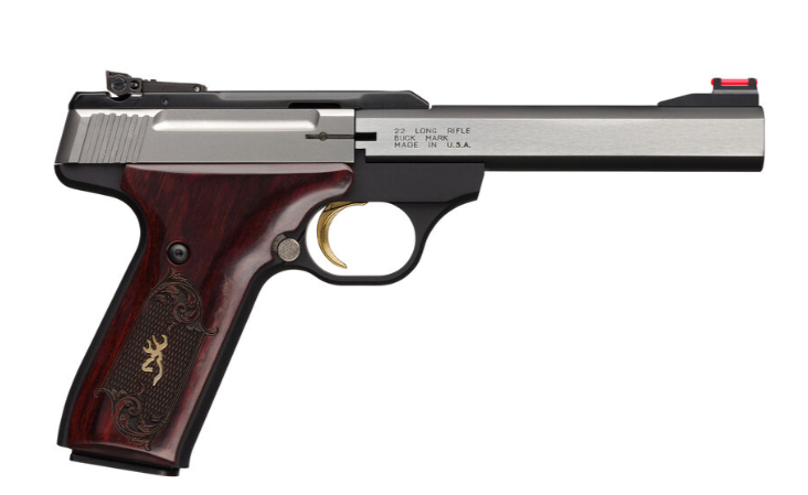 Buck Mark Medallion .22 LR Semi Auto Rimfire Pistol 5.5" Barrel 10 Rounds FO Front Sight Rosewood Checkered and Engraved Grips Silver/Matte Black Finish