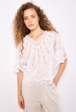 Apricot Embroidered Cotton Mesh V Neck Top
