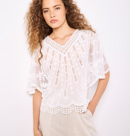 Apricot Embroidered Cotton Mesh V Neck Top