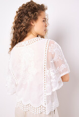 Apricot Embroidered Cotton Mesh V Neck Top