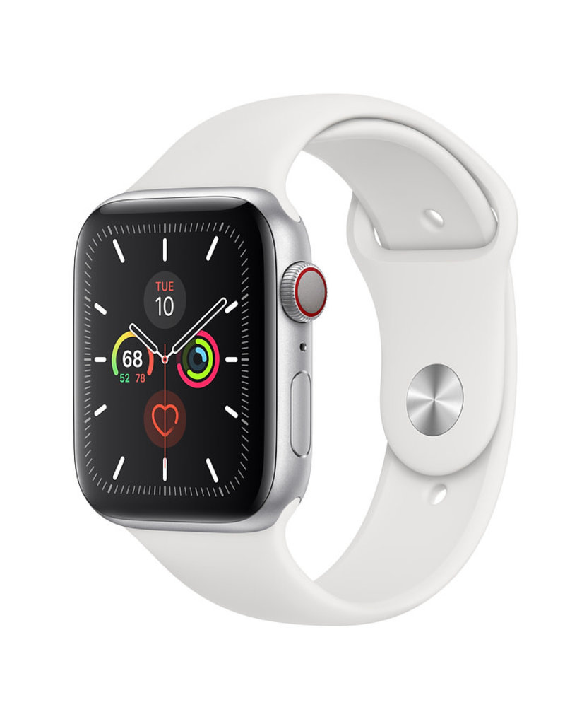 APPLE APPLE WATCH SERIES 5 GPS + CELLULAR, 44MM SILVER ALUMINUM CASE WITH WHITE SPORT BAND