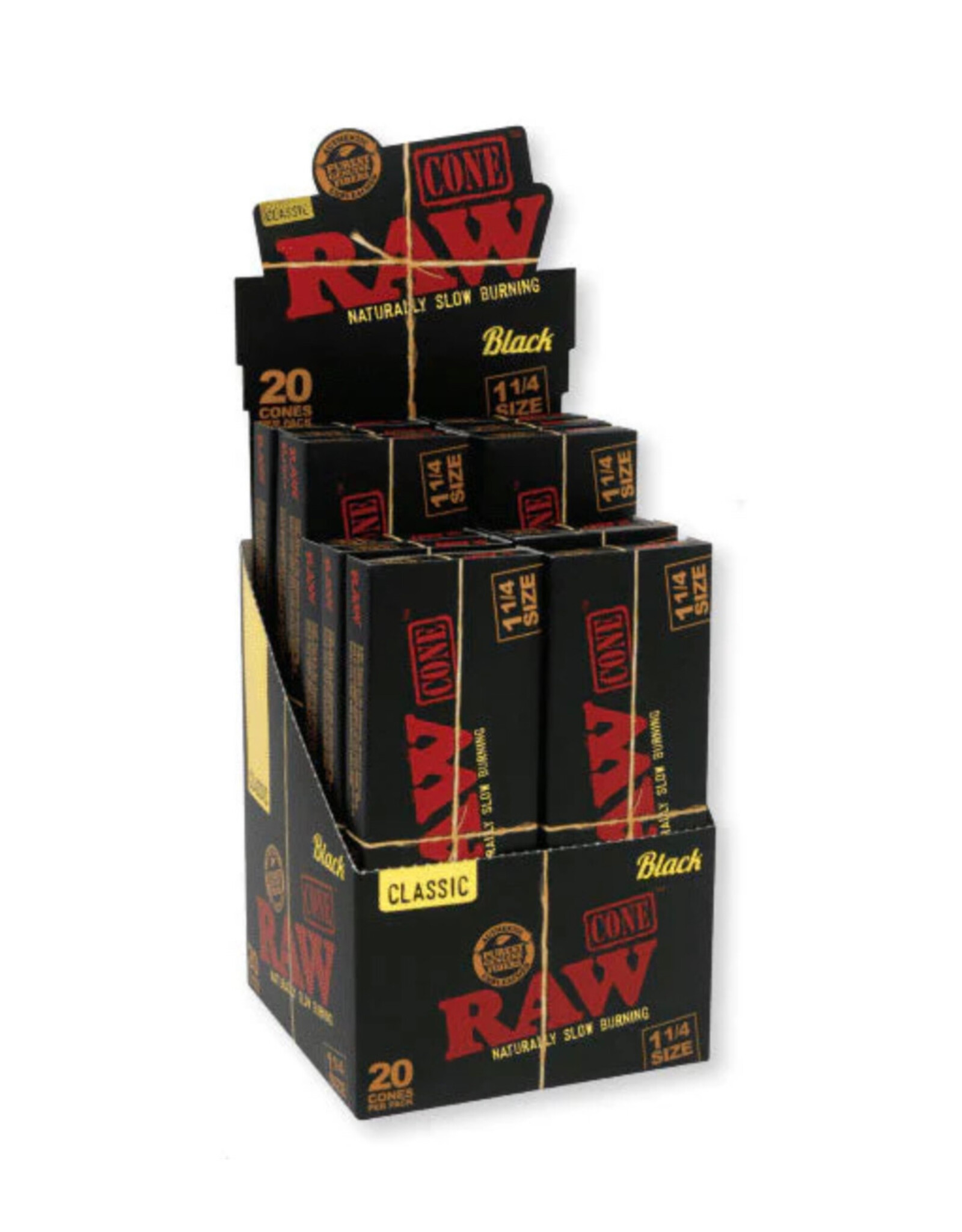 Raw 1 1/4 Cones Black 20 Pack