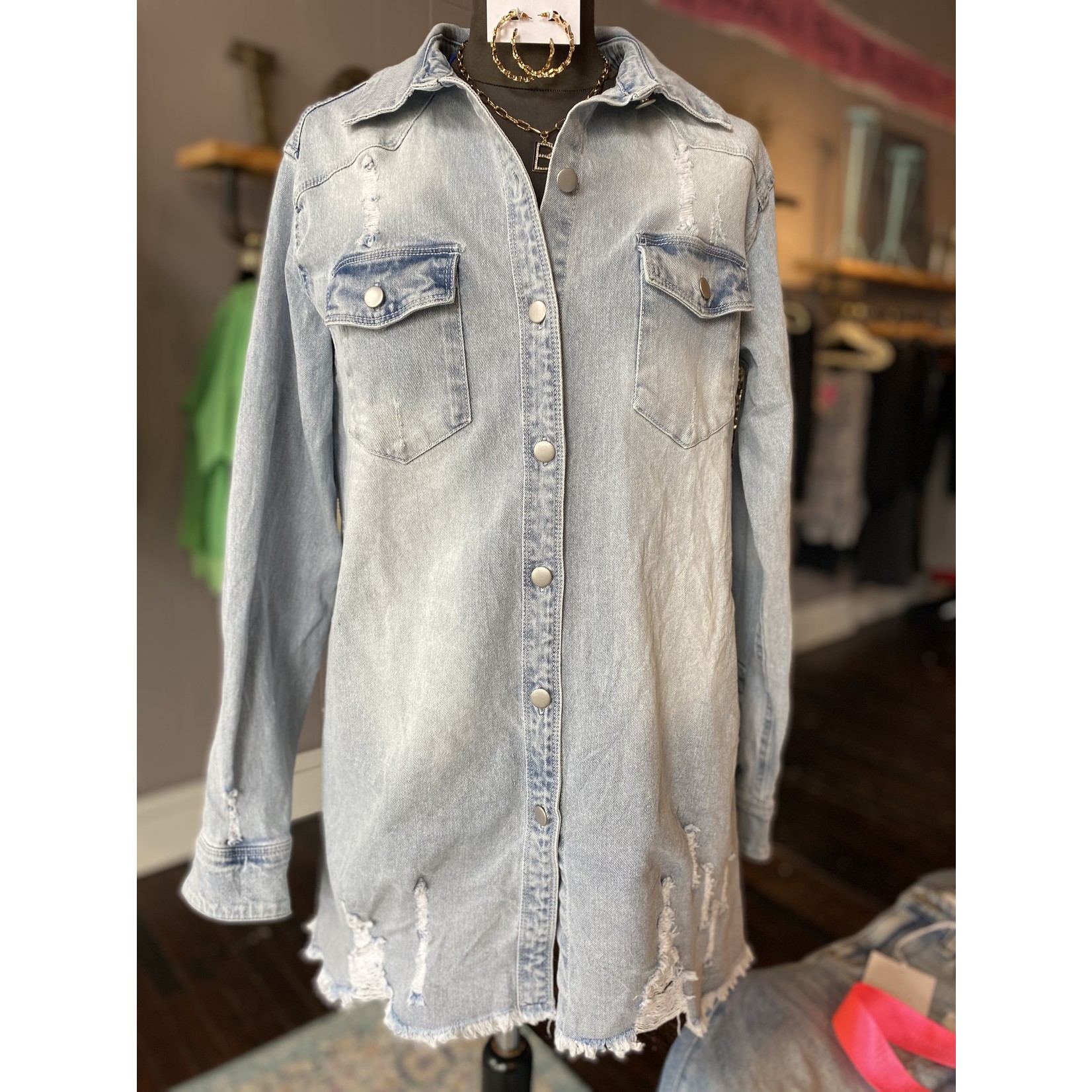 Love Tree Washed Distressed Denim Button Up