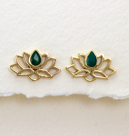 DZI Handmade Emerald Lotus Stud Earrings