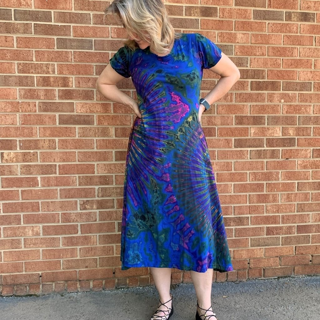 Unique Batik Short Sleeve Tie Dye Maxi Dress: Blue