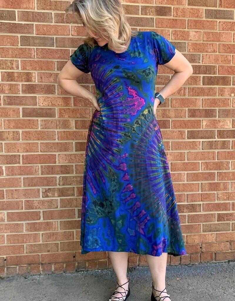 Unique Batik Short Sleeve Tie Dye Maxi Dress: Blue