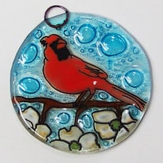 PamPeana Cardinal in Dogwood Fused Glass Ornament