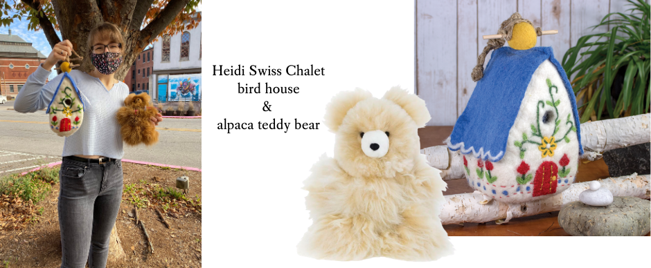 Linnea's favorite wool bird house and teddy bear