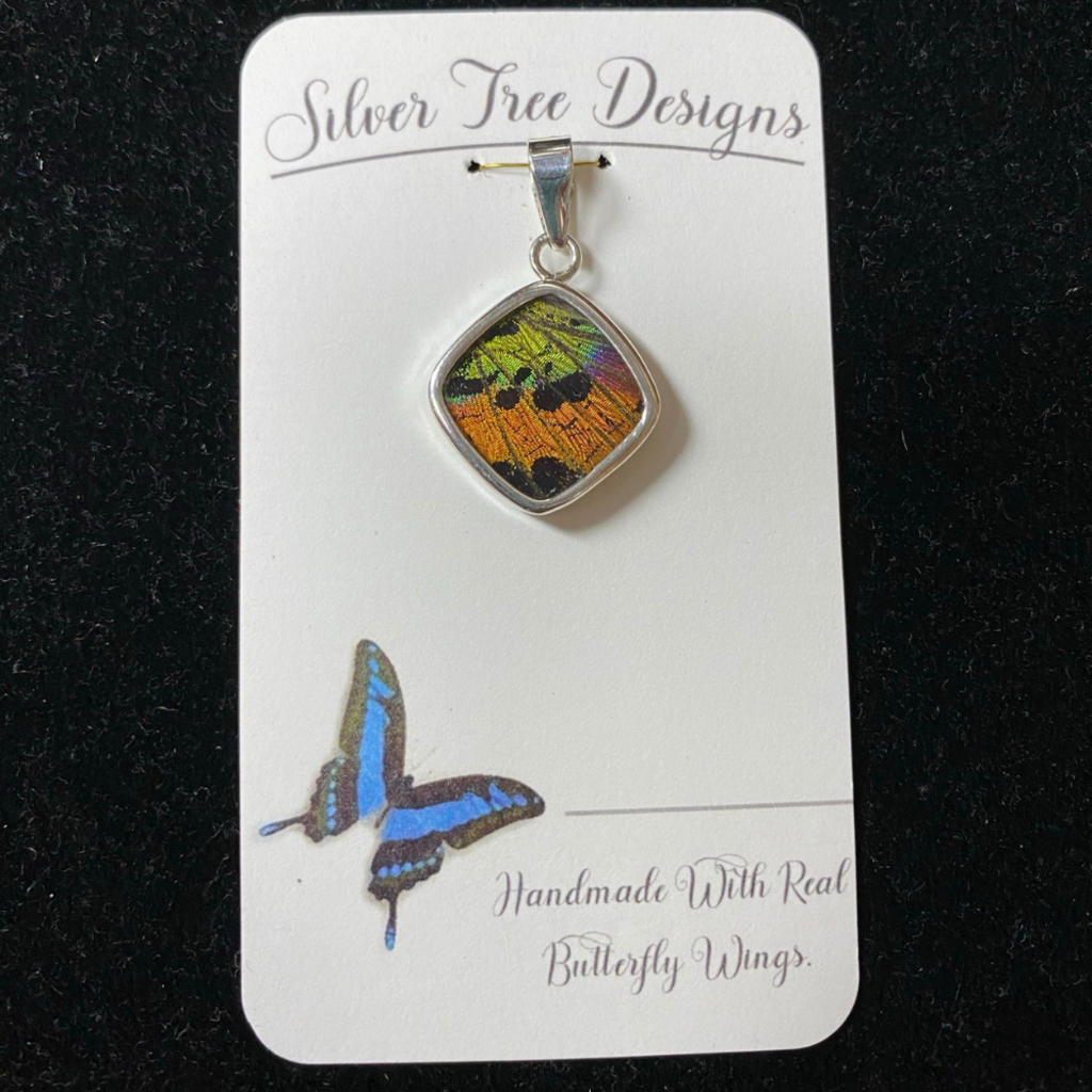 Silver Tree Designs Butterfly Wing Square Pendant: Rainbow Sunset Moth