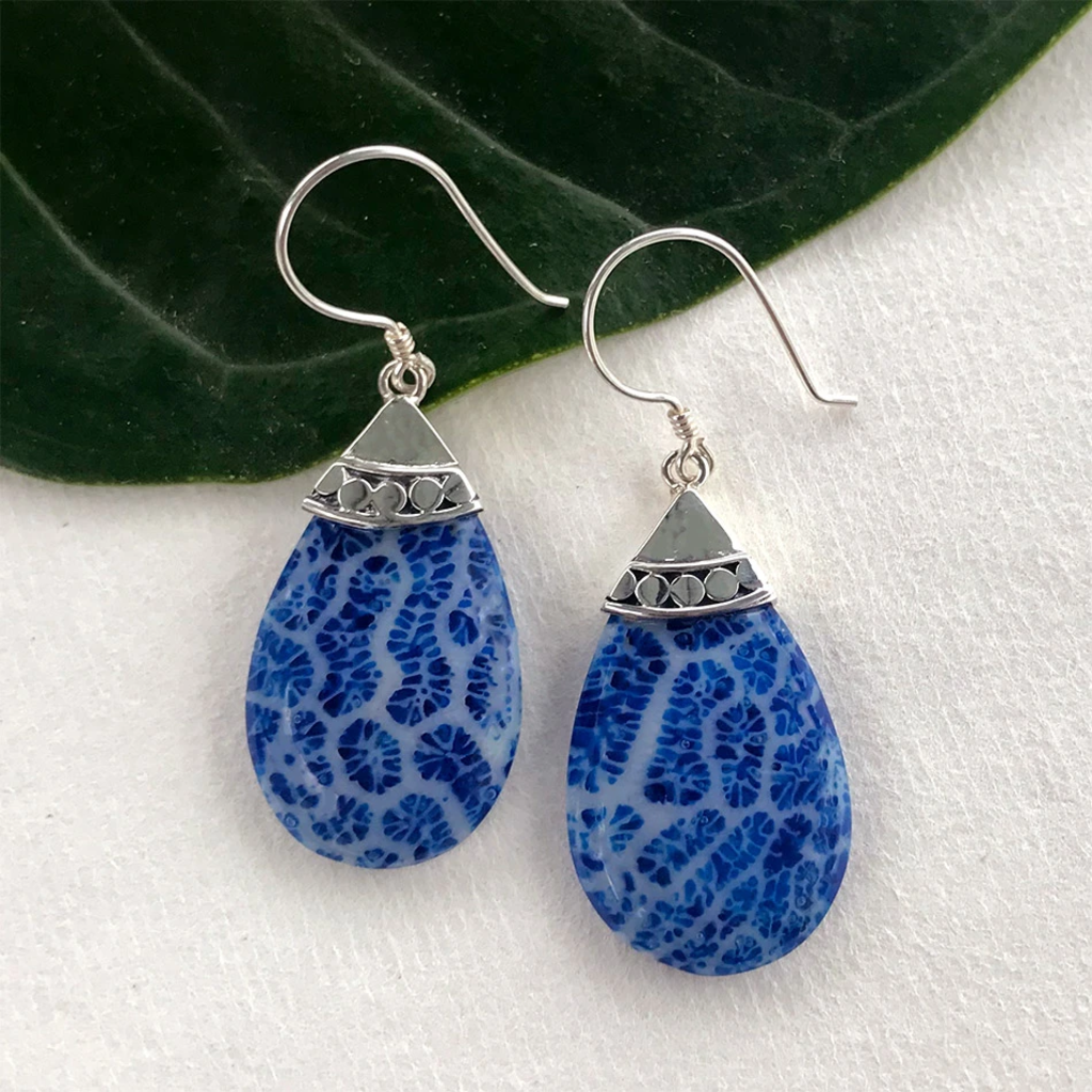 Women's Peace Collection Blue Coral Teardrop Sterling Earrings