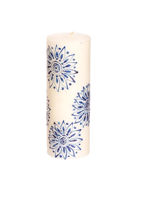 Thumbprint Artifacts Henna Blue on White Pillar Candle 3x8