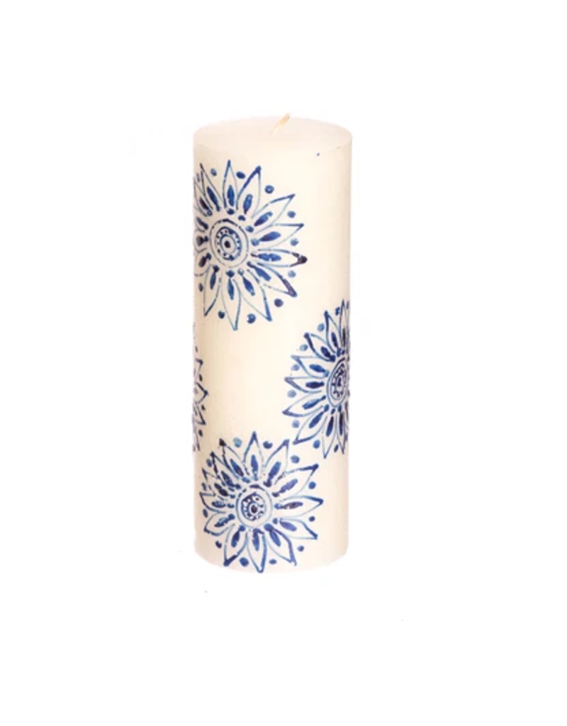 Thumbprint Artifacts Henna Blue on White Pillar Candle 3x8