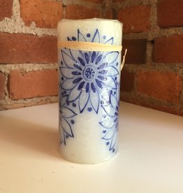 Thumbprint Artifacts Henna Blue on White Pillar Candle 3x6