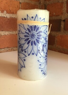 Thumbprint Artifacts Henna Blue on White Pillar Candle 3x6